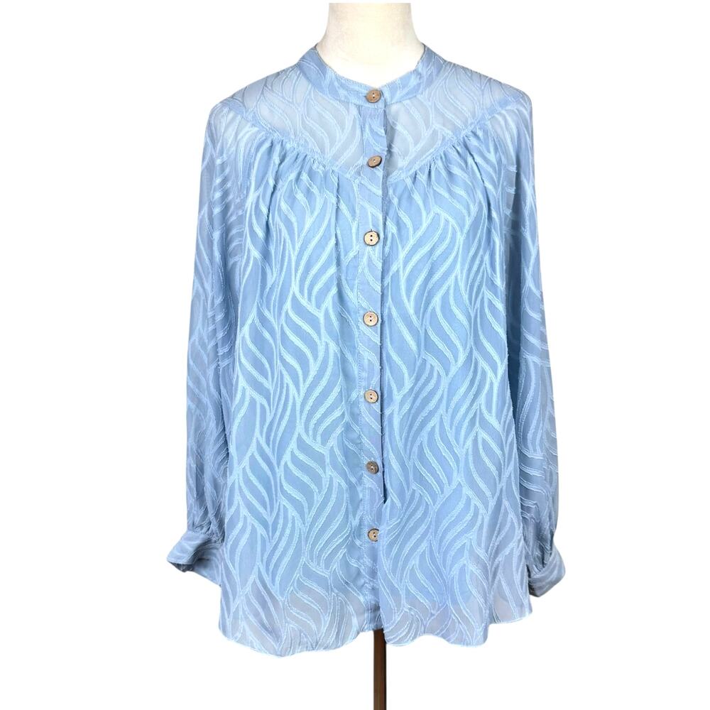 Listicle NWT Light Blue Textured Print Burnout Button Up Long Sleeve Blouse